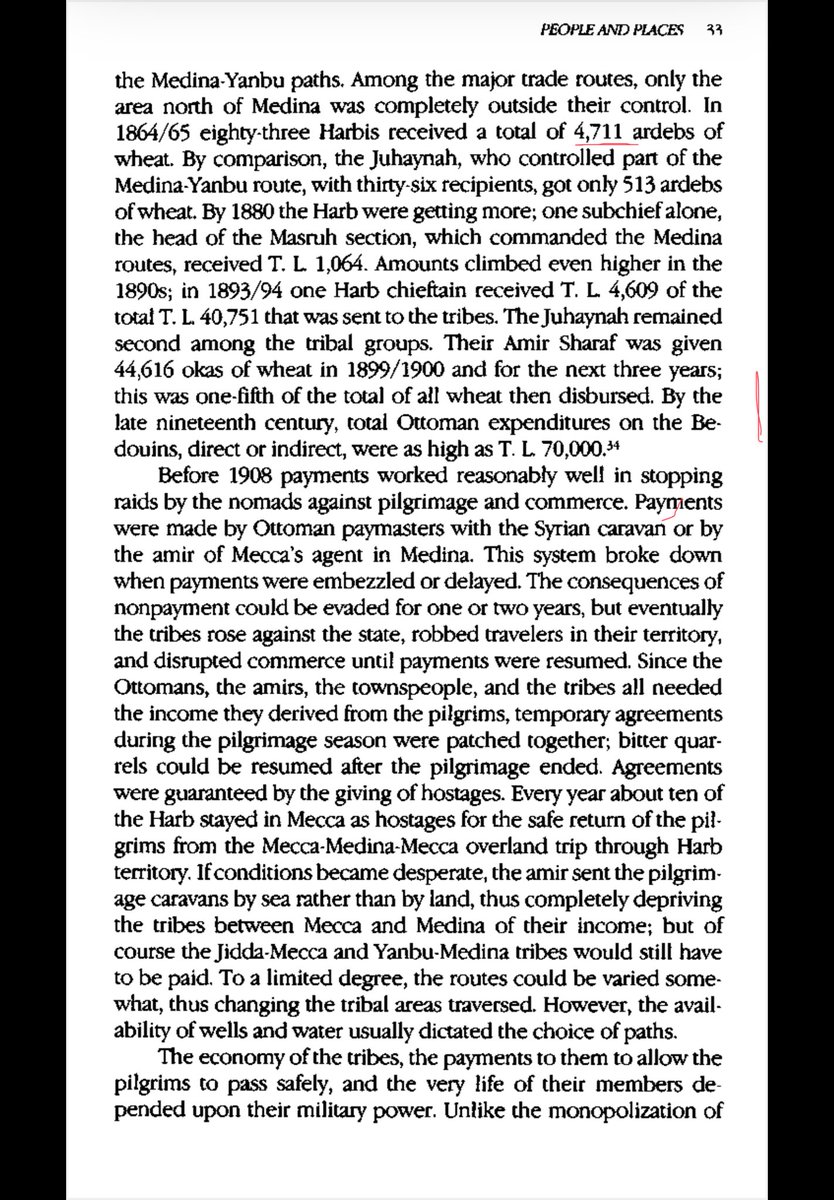 bafwmalz's tweet photo. ذكر البروفيسور وليم أوكسنولد في كتابهRELIGIN,SOCIETYAND THE STATE IN ARABIA ( The Hijaz Under Ottoman Control)عن قبيلة حرب ما يلي :
- قبيلة حرب أكبر القبائل على الإطلاق في إقليم الحجاز.
- جزء من قبيلة زبيد في حرب يقيم على شاطئ البحر الأحمر ويعمل في التجارة
- في بدايات القرن التاسع عشر كان إجمالي المعونات التي تدفعها  الحكومة العثمانية لقبائل الحجاز تتراوح ما بين ٣٥ ألف و٤٠ ألف ليرة تركية إضافة إلى الحبوب، وقبيلة حرب أكثر المستفيدين من هذه الأموال لأنهم كانوا يتحكمون في طريق جدة- مكة المكرمة – المدينة المنورة - ينبع وكان يوجد طريق واحد فقط في شمال المدينة المنورة خارج نطاق سيطرتهم. 
- في الأعوام ١٨٦٤م – ١٨٦٥م تسلم ٨٣ فرداً من قبيلة حرب ٤٧١١ أردباً من الحكومة العثمانية وفي عام ١٨٨٠م أصبحت حرب تحصل على المزيد، فزعيم قطاع مستورة ( يقصد الشيخ بن مبيريك زعيم قبيلة حرب، ومقرهم الآن رابغ ) والذي يتحكم في جزء من طريق المدينة حصل على ١٠٦٤ ليرة تركية ، ولقد أرتفعت تلك الأموال اكثر في عام ١٨٩٠م ، وفي عامي ١٨٥٣- ١٨٥٤م حصل زعيم قبيلة حرب على ٤٦٠٩ ليرة تركية . مقابل تأمين الحجاج
- يصف الكاتب قوة القبائل في الحجاز وخصوصاً قبيلة حرب ويقول لو أن مجموعة من قبيلة حرب قررت أن تسيطر على مناطق التلال والممرات الضيقة بين ينبع والمدينة فإنه من المستحيل زحزحتهم عنها فهم  يقاتلون أفضل من الجيوش المنظمة العثمانية وبإمكانهم هزيمة الجيش العثماني المنظم .