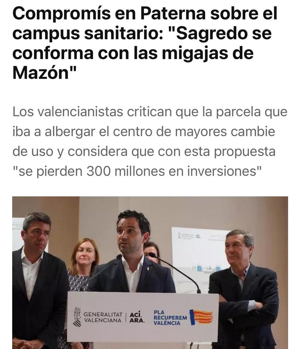 #Paterna mereix més que “las migajas” de Mazón i els anuncis sense contingut de Sagredo

🤔Incògnites per resoldre…

el centre serà públic o privat⁉️

Serà altra venda de fum conjunta entre Sagredo i el infame Mazón⁉️

levante-emv.com/horta/2025/06/…