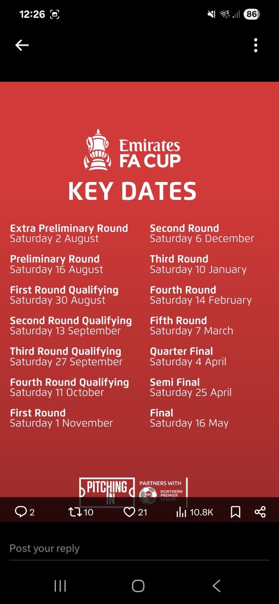 Trafford FC (@fctrafford) on Twitter photo This years <a href="/EmiratesFACup/">Emirates FA Cup</a> dates have been released and we enter at the Extra Preliminary Round on August 2nd . This years <a href="/EmiratesFACup/">Emirates FA Cup</a> dates have been released and we enter at the Extra Preliminary Round on August 2nd .