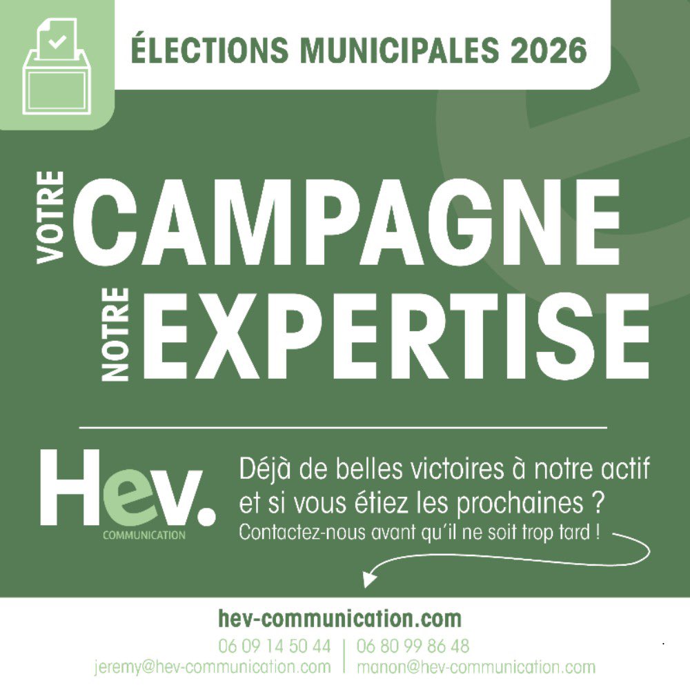 Le compte à rebours est lancé pour les élections Municipales 2026 ! 

HEV Communication est votre partenaire privilégié pour une campagne percutante et efficace.

Déjà de belles victoires à notre actif et si vous étiez les prochaines ?
👉 hev-communication.com