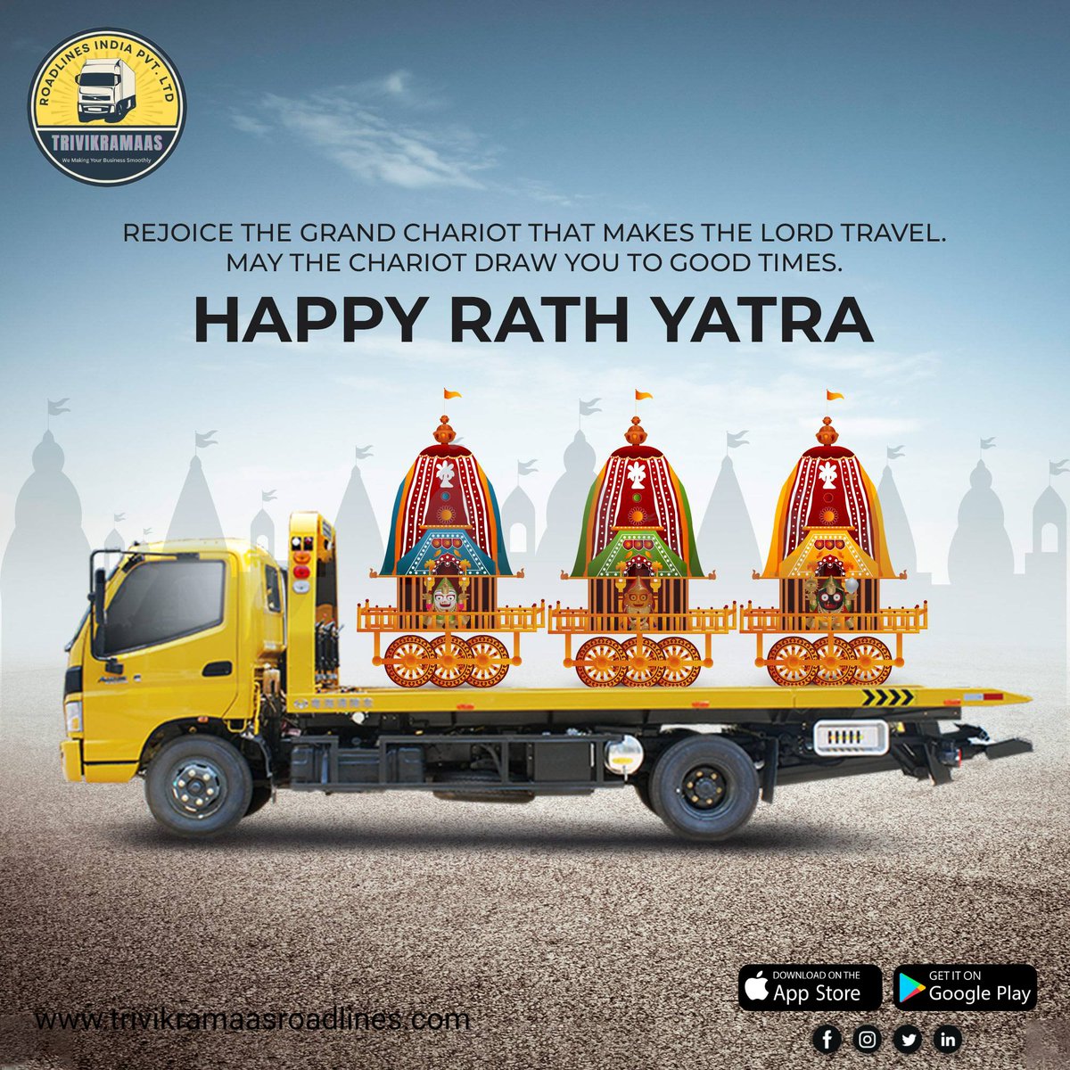 RoadlineIndia's tweet photo. Rejoice The Grand Chariot That Transports The Lord. May The Chariot Draw You To Auspicious Times. Wishing Everyone A Happy Rath Yatra

#RathYatra2025 #trivikramaaroadlines #trivikramaagroup https://t.co/d82h0oIob2