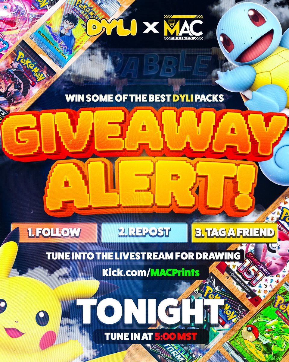 🚨 GIVEAWAY ALERT 🚨

We’re teaming up with <a href="/dyli_io/">DYLI</a> to announce their first-ever <a href="/KickStreaming/">Kick</a> stream! 🎉 

To celebrate, we’re giving away RARE Pokémon Card Packs 🃏✨

Here’s how to enter:
1️⃣ Like this post ❤️
2️⃣ Repost 🔁
3️⃣ Tag a friend 👫

Catch us live TONIGHT at 5:00 PM