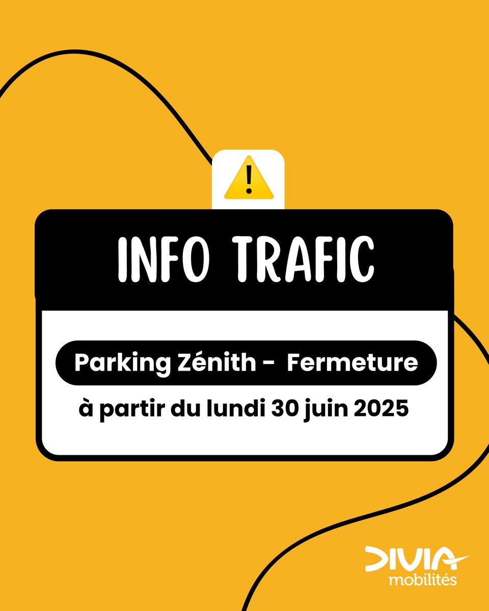 ⚠️INFO TRAFIC – PKG ZÉNITH
A partir du 30/06/2525, le parking du Zénith sera fermé, jusqu’au 5 septembre (zone Nord), puis fin septembre (zone Sud).
DiviaMobilités vous invite à :
- Stationner au parking Toison d’Or
- Utiliser la ligne de tram T2 pour arriver à la station Zénith