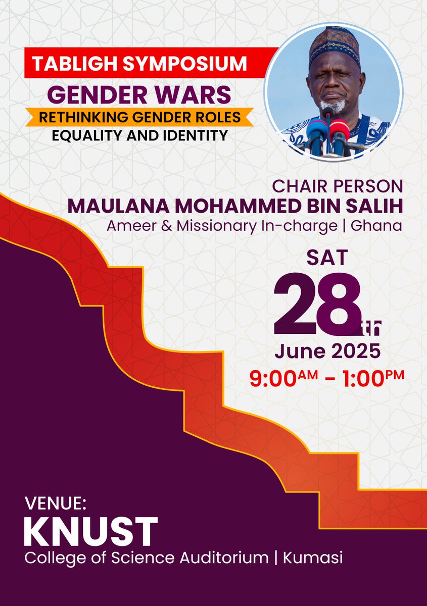 mkaghana's tweet photo. 7📢 Meet Our Respected Chairperson!
Maulana Noor Mohammed Bin Salih, Ameer & Missionary In-charge; Ahmadiyya Muslim Jamaat, Ghana.
🗓 Saturday, June 28, 2025
📍 KNUST, Kumasi |
🕘 9AM–1PM
#GenderWars2025 #ReviewofReligions #TablighSymposium #MTA #MKA #IslamAndIdentity https://t.co/JAGSBAazqs