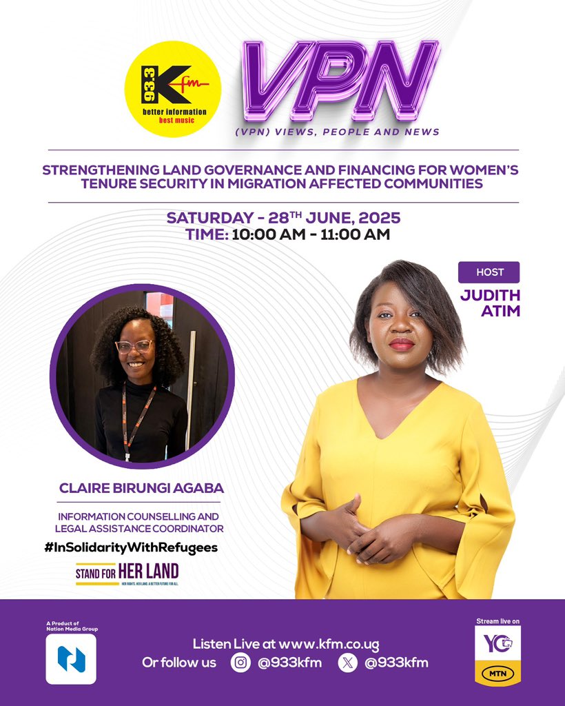 Tomorrow we shall be live on the VPN show on <a href="/933kfm/">933 KFM</a> starting at 10am as we discuss financing of Women land rights issues in the context of refugees and host communities. 

We believe this is one way of standing in #SolidaritywithRefugees 

Stream live via kfm.co.ug