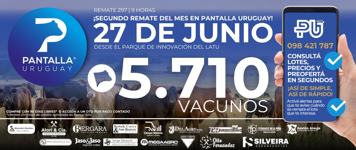 Comenzó el #Remate297  con más de 5.710 vacunos.
Compre a 90 días o acceda a descuento por pago contado, ganado asegurado por <a href="/bseuruguay/">BSE</a> 
Sanidad <a href="/Boehringer/">Boehringer Ingelheim</a> . Siga el remate en vivo aquí bit.ly/Remate297 En Pantalla Uruguay...TODO GANADO!