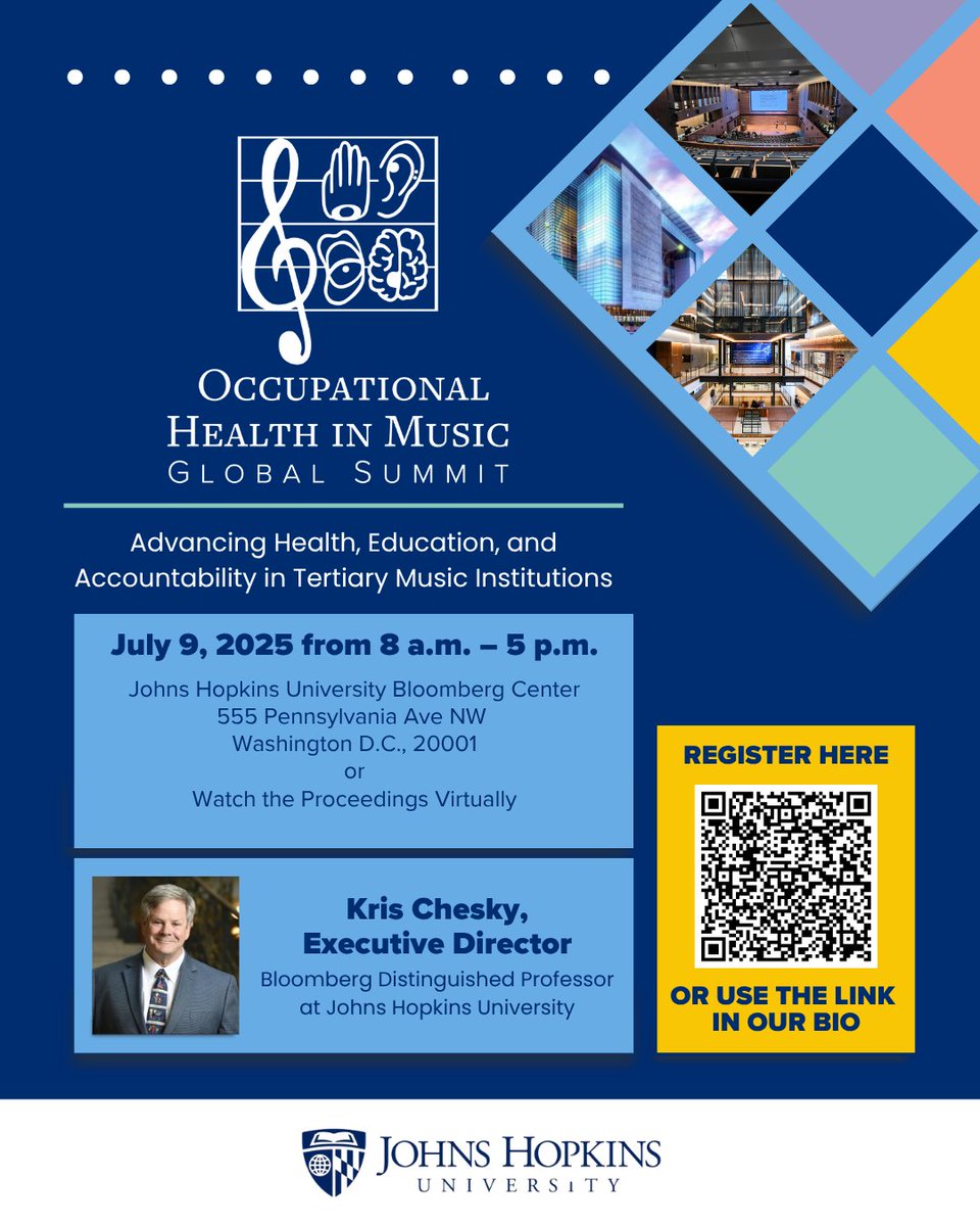 JHU_BDPs's tweet image. Join the 1st Global Summit on Occupational Health in Music where scholars will discuss the pressing need for health promotion, health education, research, and professional accountability within music schools.
occupationalhealthinmusic.org