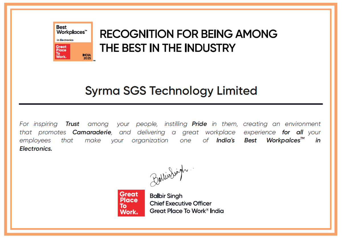 👏 Congratulations, Team Syrma SGS!

 We’ve been named one of India’s Best Workplaces™ in Electronics 2025.

This achievement is yours!

#BestWorkplaces #GreatPlaceToWork #SyrmaSGS #WorkplaceRecognition