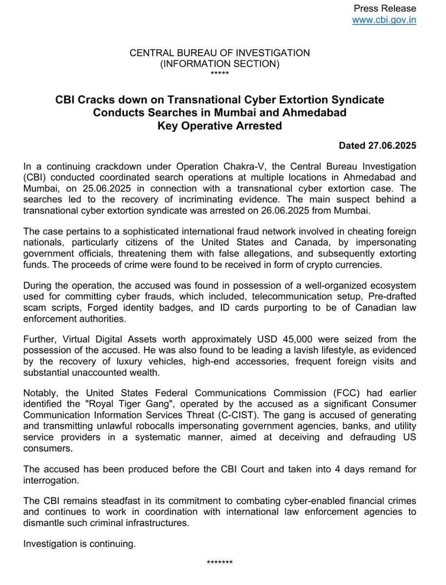 CBIHeadquarters's tweet photo. CBI Cracks down on Transnational Cyber Extortion Syndicate; Conducts Searches in Mumbai and Ahmedabad; Key Operative Arrested https://t.co/UbhNOM3T4Q