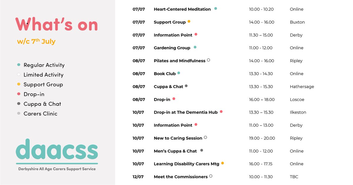Derbyshire Carers (@derbyshirecarer) on Twitter photo Here's the activities, support groups and more that we have coming up next week🙂
📞DAACSS helpline Mon – Fri: 9am – 5:00pm on 01773 833 833
For full details of each activity go to our what's on page on the website
👇
derbyshirecarers.co.uk/whats-on
#Derbyshire #Carers #WhatsOn #DAACSS Here's the activities, support groups and more that we have coming up next week🙂
📞DAACSS helpline Mon – Fri: 9am – 5:00pm on 01773 833 833
For full details of each activity go to our what's on page on the website
👇
derbyshirecarers.co.uk/whats-on
#Derbyshire #Carers #WhatsOn #DAACSS