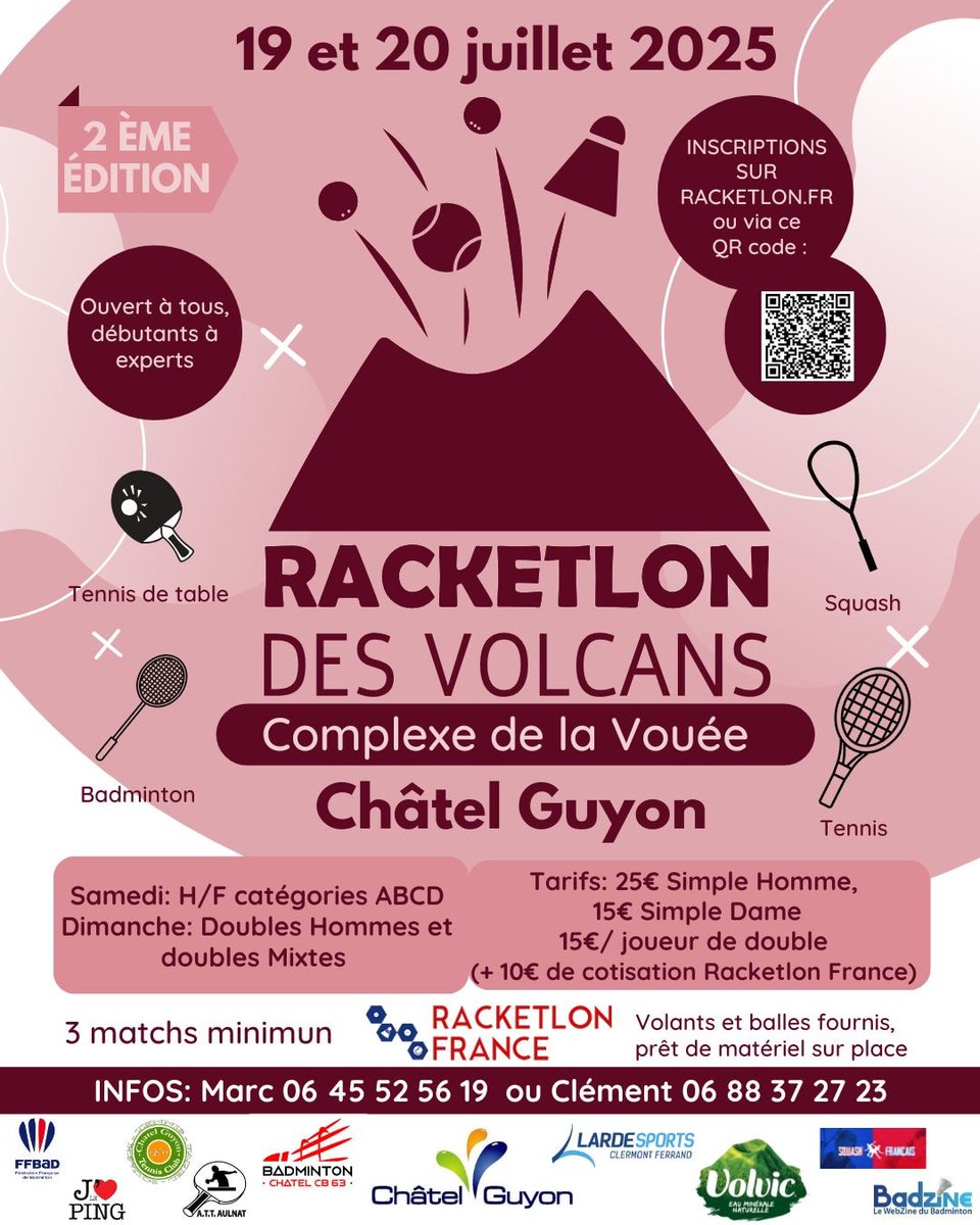 Chatel_Guyon's tweet photo. Rendez-vous les 19 et 20 juillet pour la 2ᵉ édition du Racketlon des Volcans !🏓
Badminton, tennis, squash ou tennis de table...Venez défier vos adversaires dans des matchs organisés au Complexe sportif de la Vouée🏸
👉Infos et inscriptions : https://t.co/5dE9FIftPP
@RacketlonF https://t.co/mZlDcWLCQ2