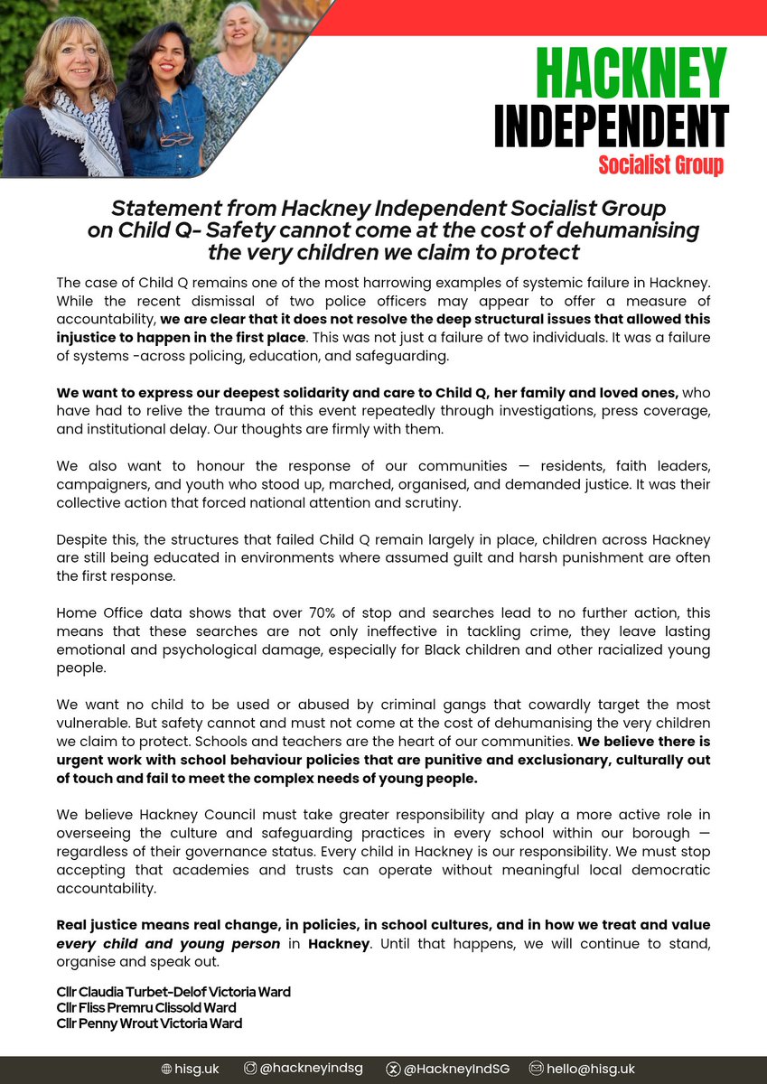 Statement from Hackney Independent Socialist Group  
on Child Q - "Safety cannot come at the cost of dehumanising the very children we claim to protect"
#Hackney