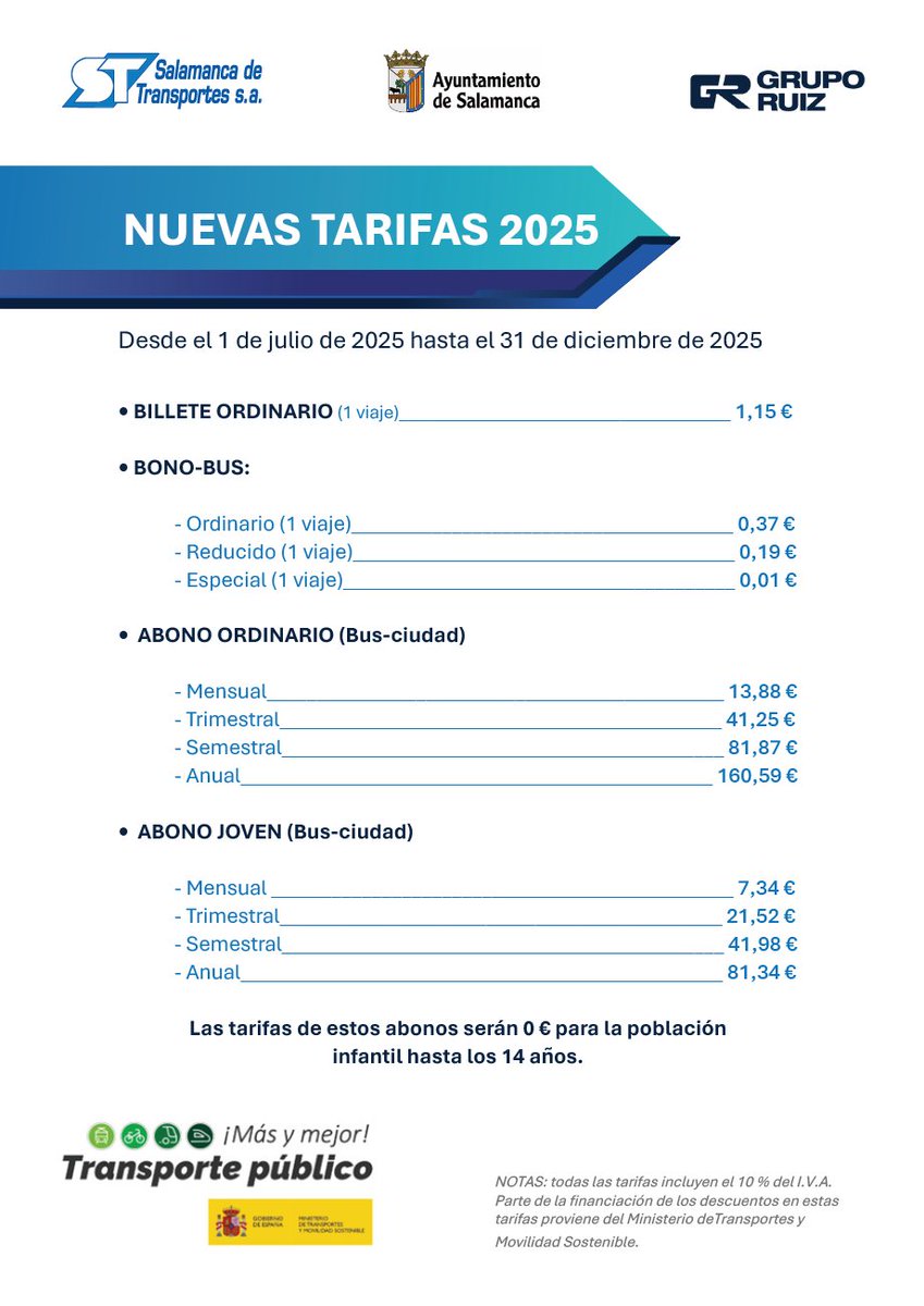 ⚠️ Nuevas tarifas

Estas son las tarifas que estarán vigentes en Salamanca de Transportes a partir del próximo 1 de julio.