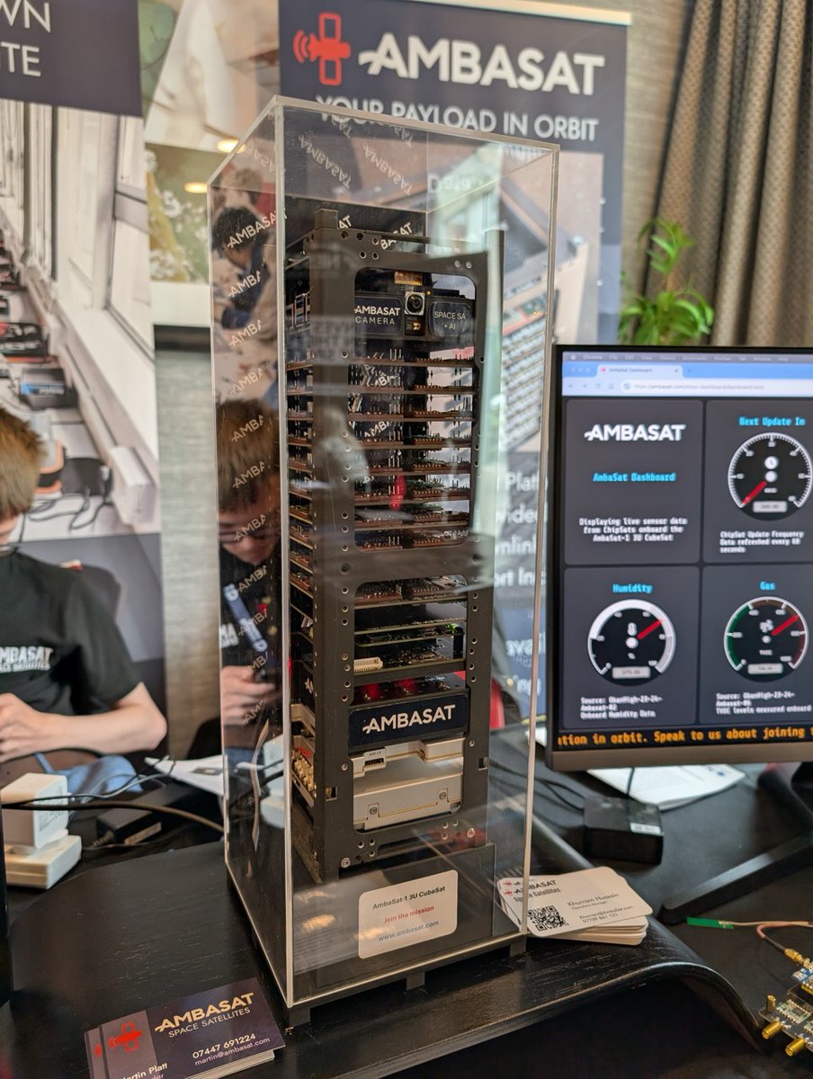 We revealed the first fully populated and functioning AmbaSat 3U CubeSat at #NESpaceConf this week

- Live data from onboard ChipSats 
- AI camera payload demo 
- Incredible conversations &amp; support 

Full blog recap here:
🔗 ambasat.com/ambasat-reveal…
#CubeSat #UKspace #AmbaSat