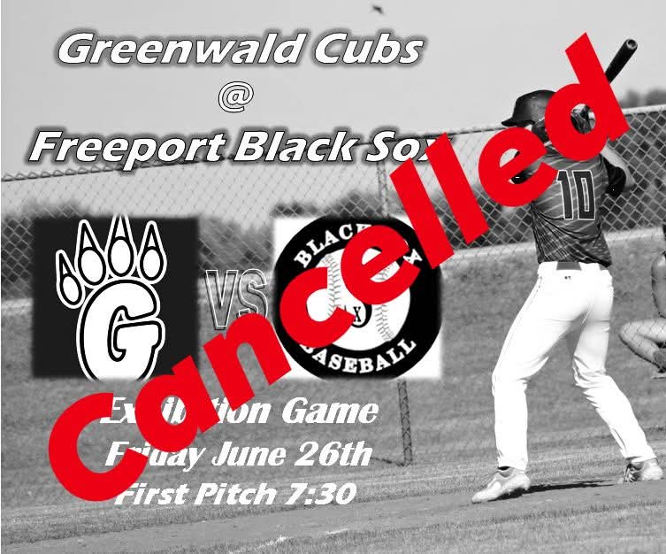 Greenwald Cubs (@greenwaldcubs) on Twitter photo Our scrimmage scheduled for tonight with the <a href="/Freeportbball/">Freeport Black Sox</a> has been called off due to field conditions being too wet from all the recent rain. Game won't be made up. See you on Sunday in Greenwald!! Our scrimmage scheduled for tonight with the <a href="/Freeportbball/">Freeport Black Sox</a> has been called off due to field conditions being too wet from all the recent rain. Game won't be made up. See you on Sunday in Greenwald!!
