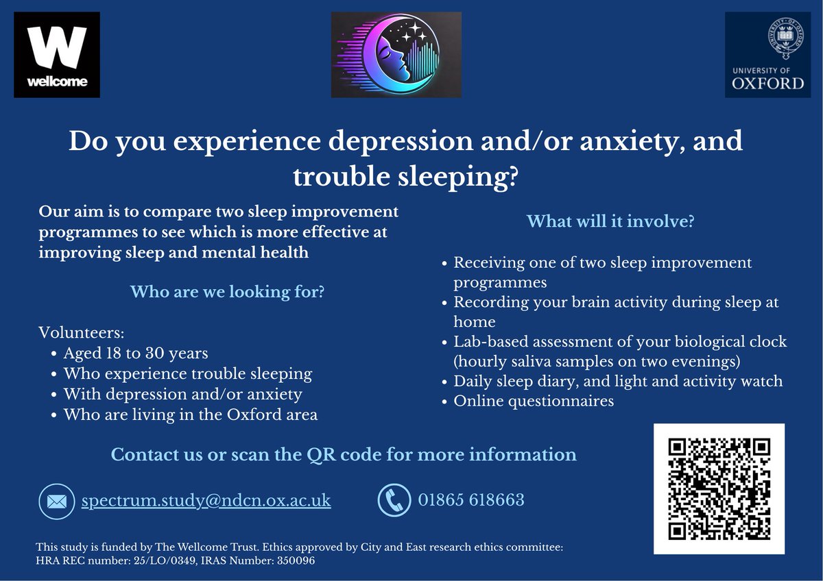 🌙 Do you experience depression or anxiety, and trouble sleeping?  🧠💤

Our aim is to compare two behavioural sleep interventions to see which is more effective at improving sleep and mental health.

Who are we looking for? 👇 🧵1/2