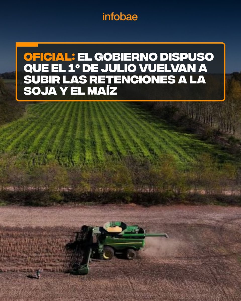 infobae's tweet photo. Oficial: el Gobierno dispuso que el 1° de julio vuelvan a subir las retenciones a la soja y el maíz https://t.co/y0Mgv3H7y5 https://t.co/p4H0eGR6XC