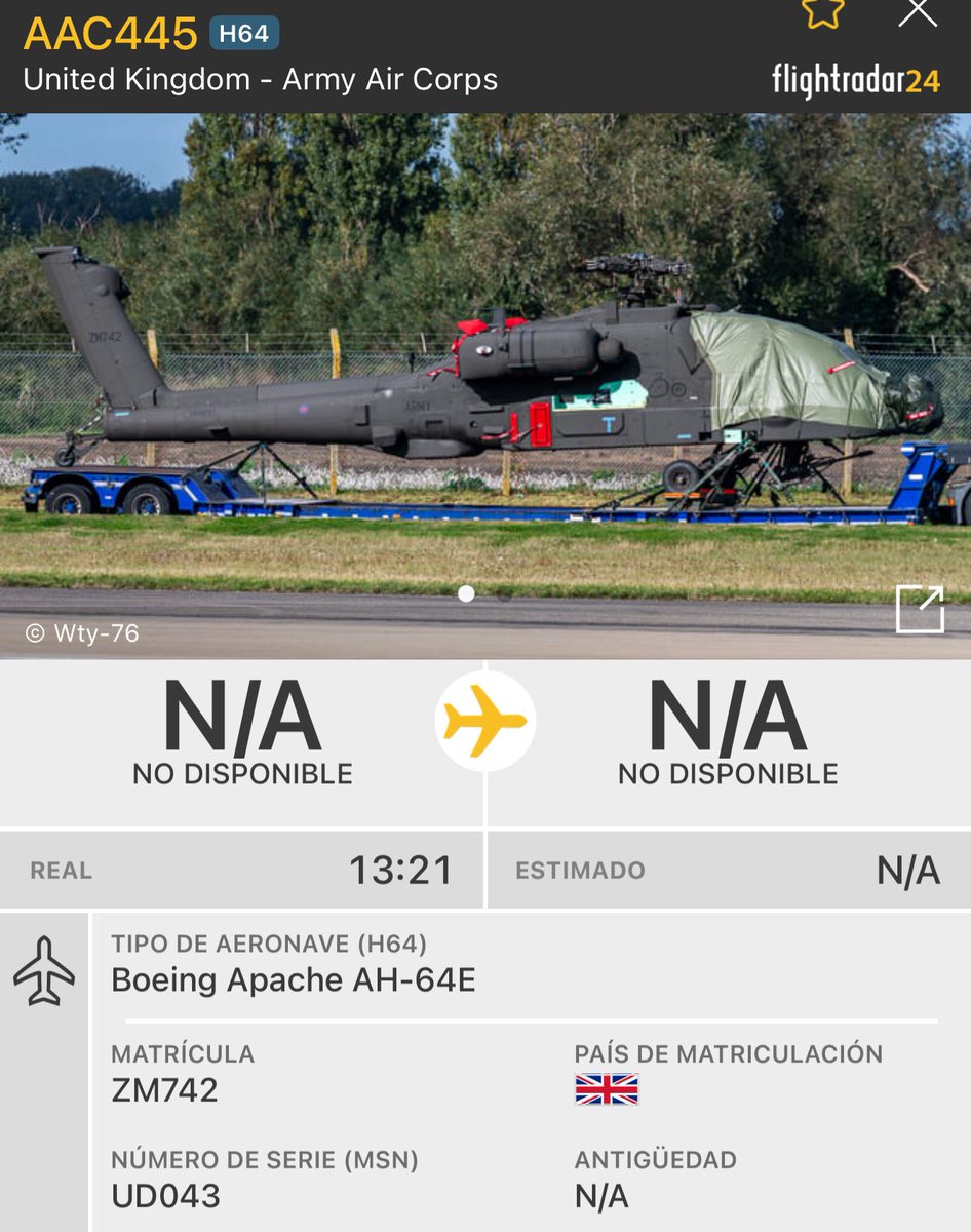 AvistamientosA's tweet photo. 🔴3x Boeing #Apache AH-64E (ZM742) de la United Kingdom - Army Air Corps UK 🇬🇧 “AAC445” a la altura de #Sigüenza #Guadalajara #CLM de camino a Colmenar Viejo #LECV #Madrid para una breve visita procedentes de #Francia 🇫🇷 tras una escala técnica. https://t.co/LsaW9FGPQS