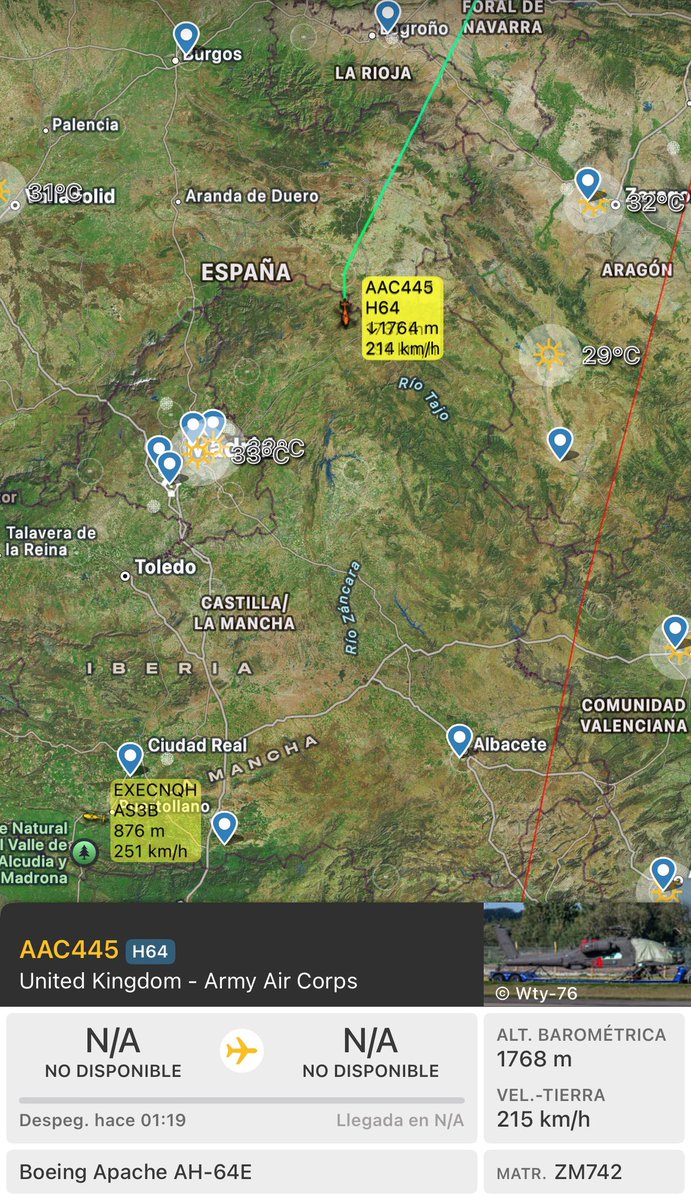 AvistamientosA's tweet photo. 🔴3x Boeing #Apache AH-64E (ZM742) de la United Kingdom - Army Air Corps UK 🇬🇧 “AAC445” a la altura de #Sigüenza #Guadalajara #CLM de camino a Colmenar Viejo #LECV #Madrid para una breve visita procedentes de #Francia 🇫🇷 tras una escala técnica. https://t.co/LsaW9FGPQS