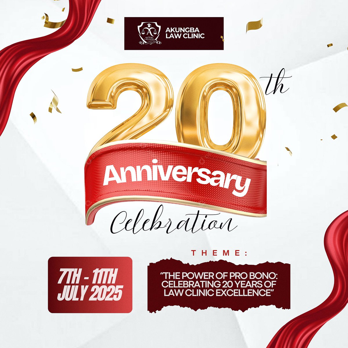 Akungbaclinic's tweet photo. Dear Esteemed Members of the Legal Community, Partners, Alumni, and Friends.

We are thrilled to invite you to a historic celebration marking 20 remarkable years of the Law Clinic’s unwavering dedication to justice, legal empowerment, and pro bono excellence! https://t.co/9HF5WFB7vb