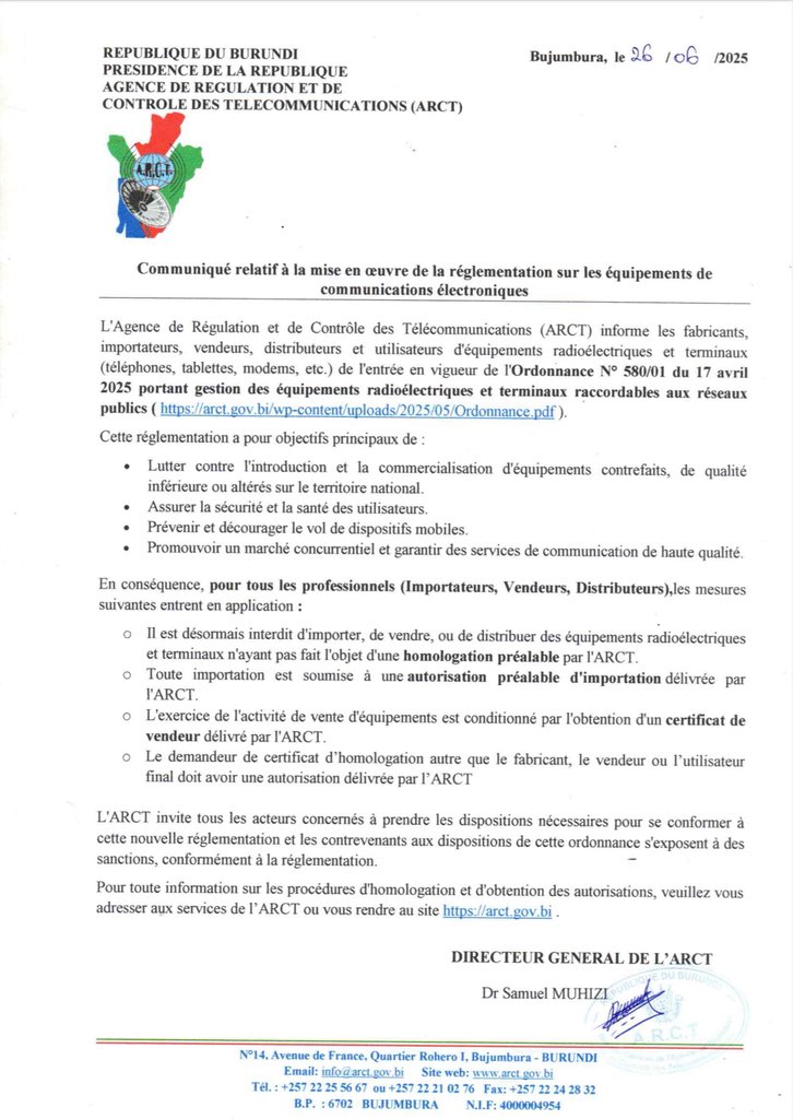 Communiqué au fabricants et professionnels importateurs, vendeurs et distributeurs d’équipements radioélectriques et terminaux raccordables aux réseaux de communications au Burundi arct.gov.bi/wp-content/upl…
