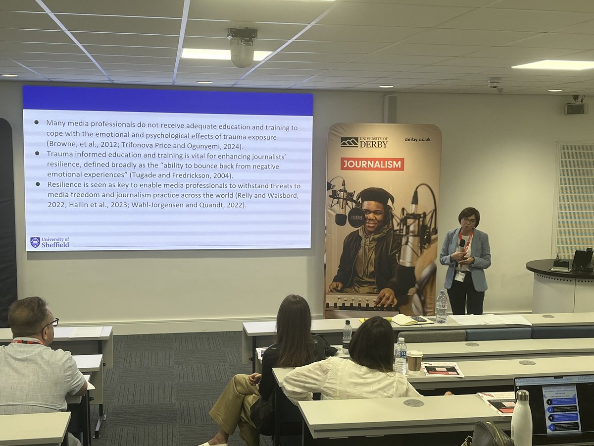 TheAJEUK's tweet image. Lada Price on her new research and the need to build resilience and wellbeing among journalism students when reporting trauma. The “ethics of care”. #AJE25