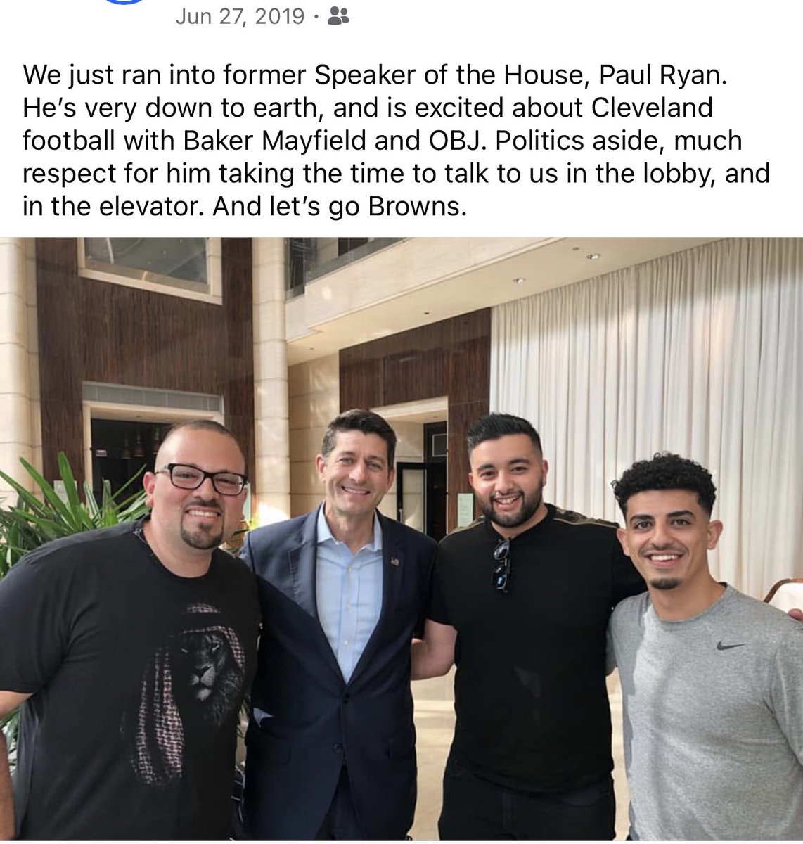 This showed up in my memories. Ran into <a href="/SpeakerRyan/">Paul Ryan</a> in Chicago in 2019 and had a delightful conversation. No hate, no judgment, and no racism. Just 3 Arab Americans and a former Speaker of the House talking about Cleveland and football. Where are we today?