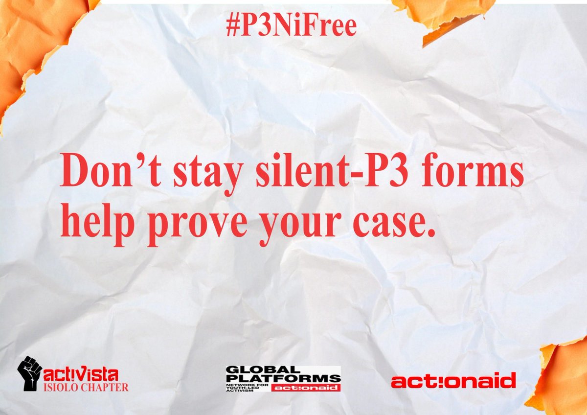 The P3 Form is not just paper — it’s your voice in court. It proves what happened to you.
If you’ve been hurt or assaulted, don’t delay. Report. Document. Fight back. #P3Form #P3NiFree ⁦<a href="/ActionAid/">ActionAid</a>⁩ ⁦<a href="/ActivistaIsiolo/">Activista Isiolo Chapter</a>⁩