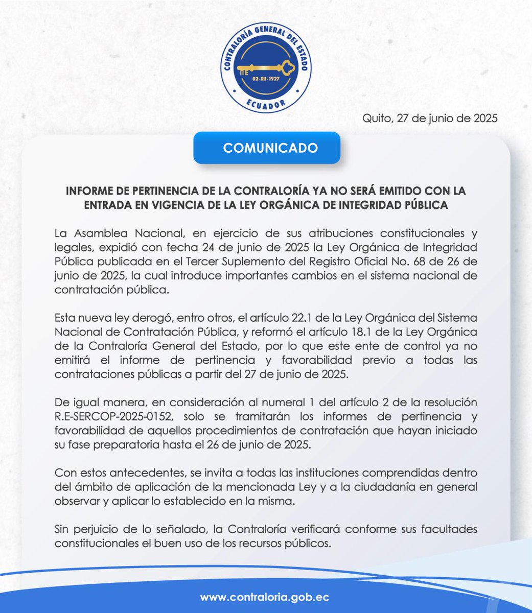 ContraloriaECU's tweet photo. 📢 #ComunicadoOficial https://t.co/BbDEZrF3a4