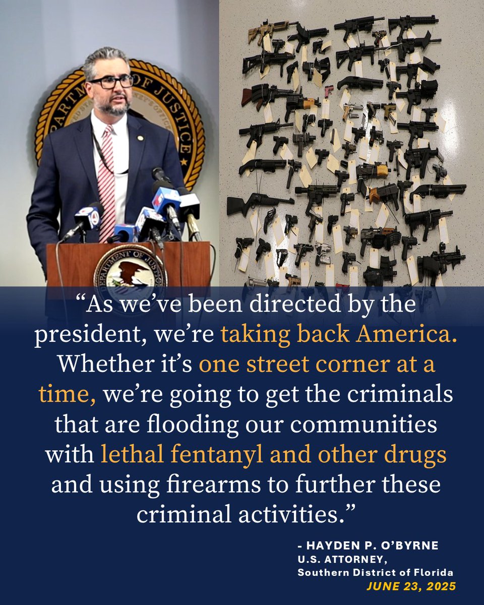 USAO_SDFL's tweet image. 💪The U.S. Attorney's Office for the Southern District of Florida declares a firm stance: "As we've been directed by the president, we're taking back America. Whether it's one street corner at a time, we're going to get the criminals that are flooding our communities with lethal…