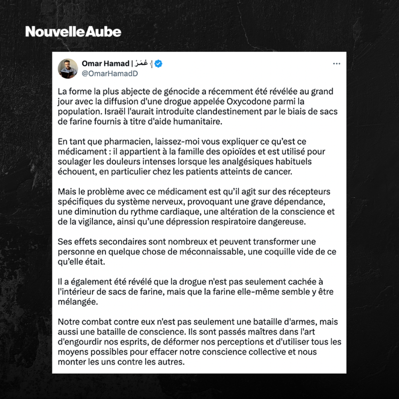 nouvelleaubefr's tweet photo. À Gaza, Israël est accusé d’avoir introduit de l’oxycodone dans des sacs de farine humanitaire.

Le Comité anti-drogue gazaouis évoque une possible contamination directe.