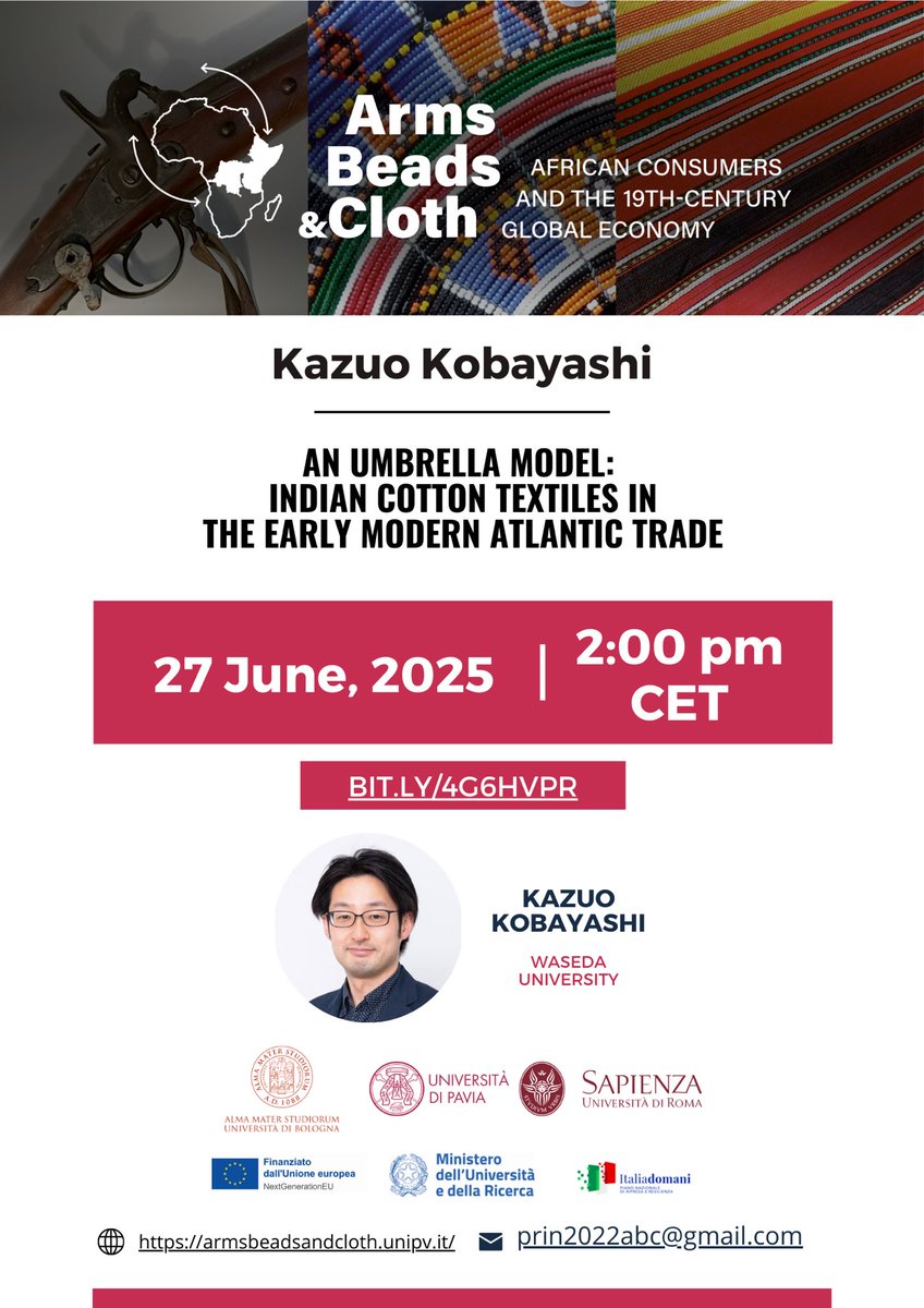 Join our seminar!
🔴 “An umbrella model: Indian cotton textiles in the early modern Atlantic trade” with Kazuo Kobayashi
🔗 BIT.LY/4G6HVPR