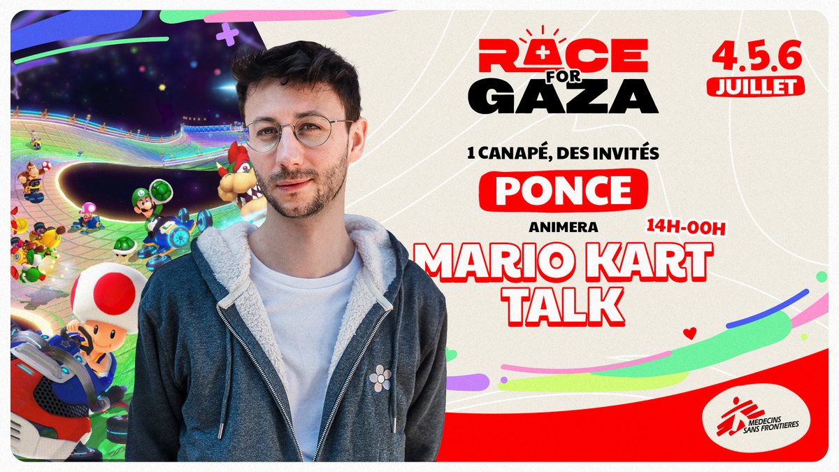 raceforgaza's tweet photo. Tout au long du weekend, la bonne humeur sera de mise à la #RaceForGaza 🏁
@poncefleur recevra des invités, pour quelques parties de Mario Kart World endiablées 🏎️
📍14h-00h https://t.co/nDRLYxhicN