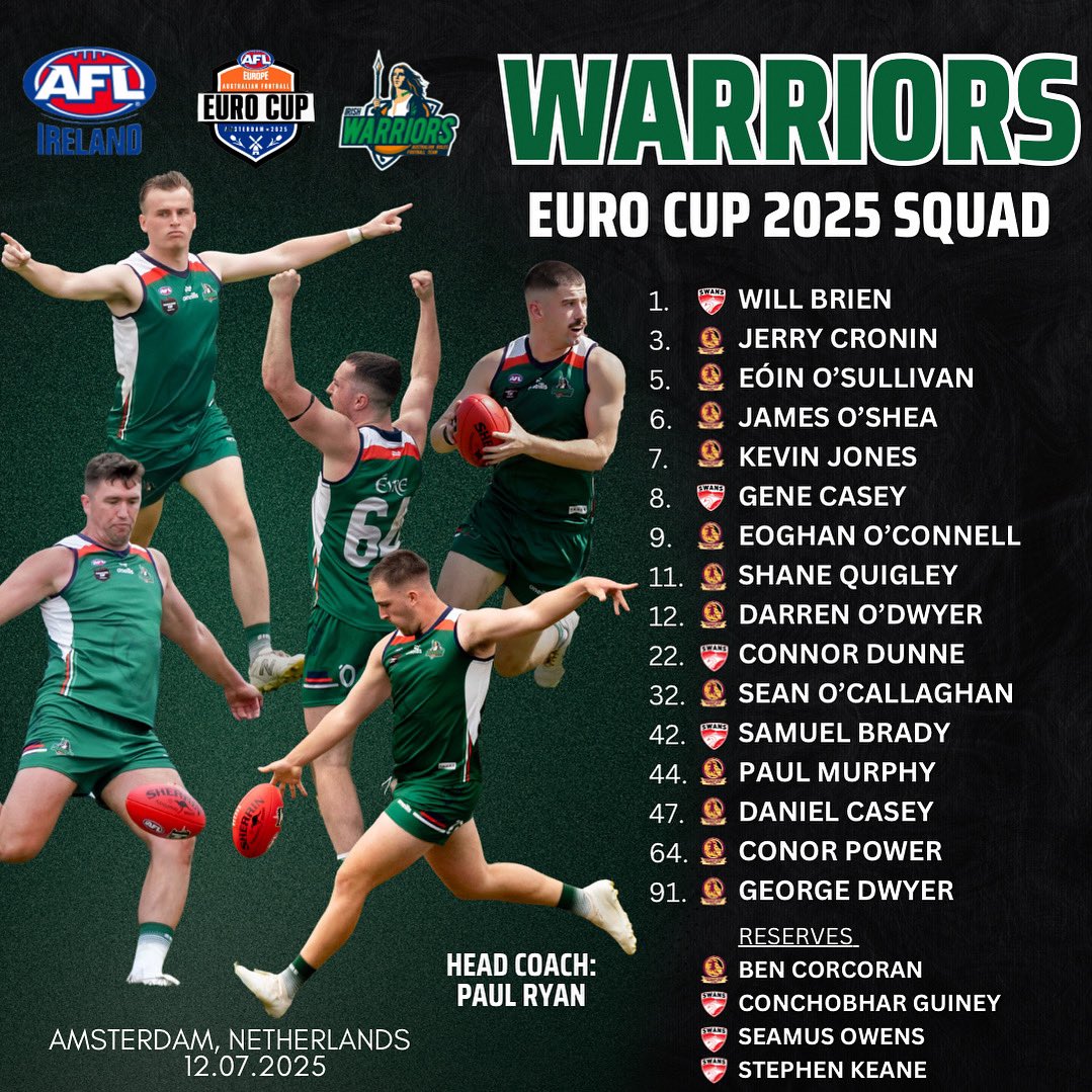 🇮🇪WARRIORS SQUAD ANNOUNCEMENT🇮🇪

We are proud to unveil the Irish Warriors squad heading to Amsterdam for the 2025 @afleurope Euro Cup on Saturday, 12th July!

Warriors Abú🇮🇪

#IrishWarriors #EuroCup2025 #AFLIreland #Amsterdam #AFL
