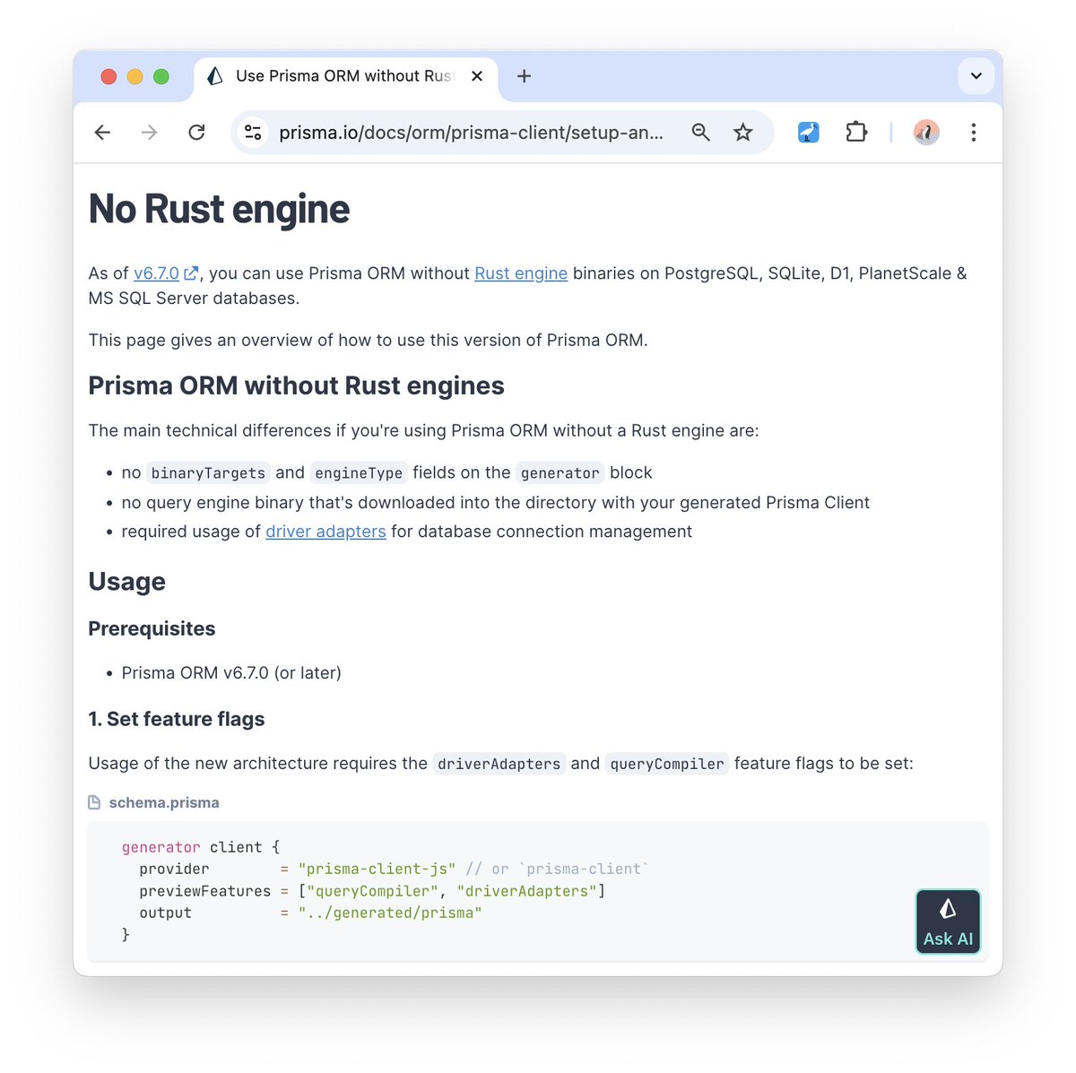 Prisma (@prisma) on Twitter photo π¦ We are removing the Rust-based query engine from Prisma ORM and are replacing it with a more efficient "query compiler" written in TS. You can already try it for these DBs:
β
PostgreSQL
β
SQLite
β
<a href="/Cloudflare/">Cloudflare</a> D1
β
<a href="/PlanetScale/">PlanetScale</a>
β
MS SQL Server
π pris.ly/docs/no-rust-eβ¦ π¦ We are removing the Rust-based query engine from Prisma ORM and are replacing it with a more efficient "query compiler" written in TS. You can already try it for these DBs:
β
PostgreSQL
β
SQLite
β
<a href="/Cloudflare/">Cloudflare</a> D1
β
<a href="/PlanetScale/">PlanetScale</a>
β
MS SQL Server
π pris.ly/docs/no-rust-eβ¦