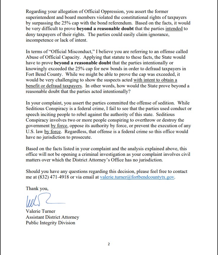 Real Estate Mindset (@travisremindset) on Twitter photo Progress! Response from the Fort Bend County DA! They are finally starting to take the law violations seriously. #WeThePeople
Fort Bend County Assistant District Attorney
Valerie Turner 832-471-4918 valerie.turner@fortbendcountytx.gov Public Integrity Report IN-2025-049PI Progress! Response from the Fort Bend County DA! They are finally starting to take the law violations seriously. #WeThePeople
Fort Bend County Assistant District Attorney
Valerie Turner 832-471-4918 valerie.turner@fortbendcountytx.gov Public Integrity Report IN-2025-049PI