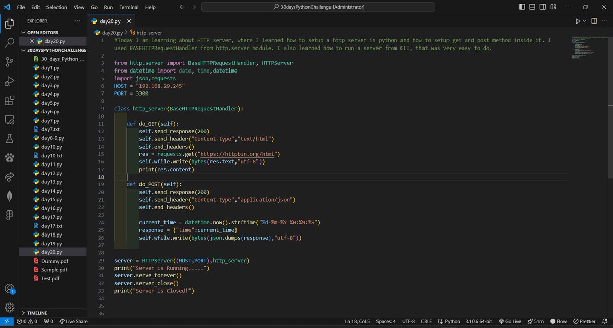 DARSHIL_Analyst's tweet image. #Day20 of #30DaysPythonChallenge 🐍
📡 Learned to set up an HTTP server using Python
🔹 Used BaseHTTPRequestHandler from http.server
🔹 Handled GET & POST requests
🔹 Ran the server from CLI
Small script, big understanding!
#Python #HTTP #IndianDataClub #LearningInPublic