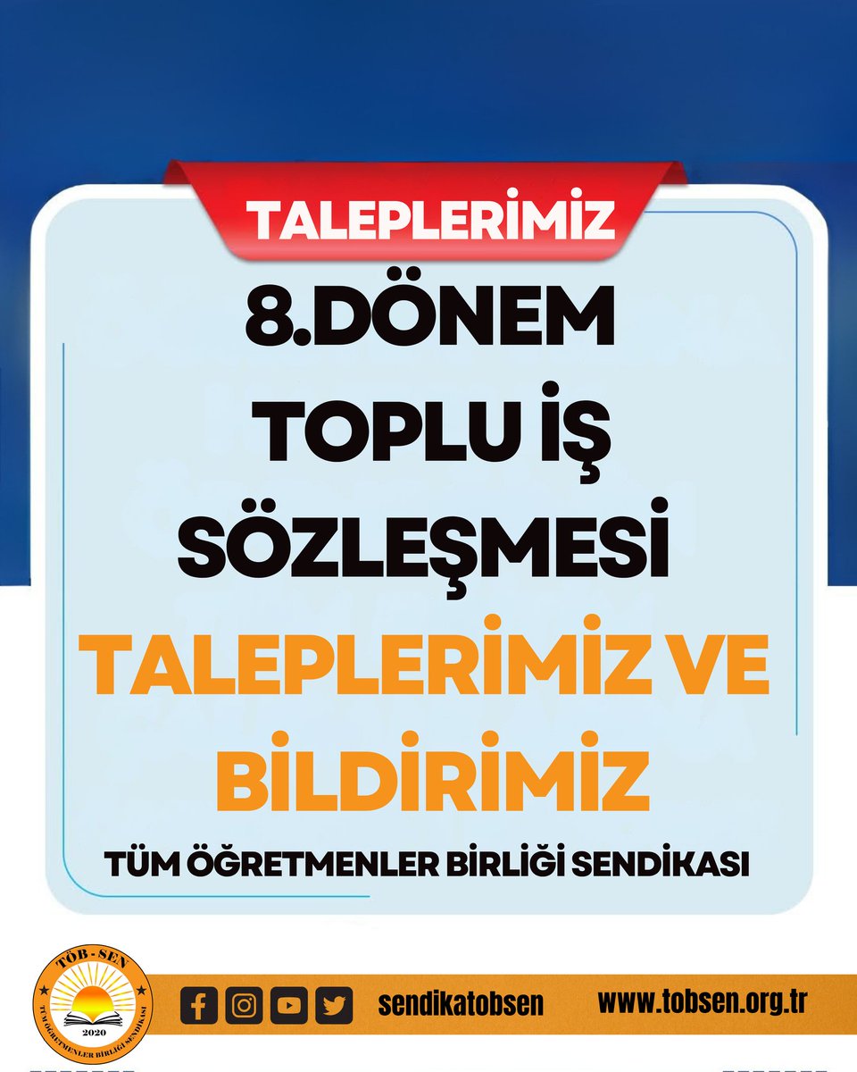 sendikatobsen's tweet image. 62 maddeden oluşan 8.Dönem TİS Taleplerimiz ⤵️
tobsen.org.tr/2026-2027-yili…