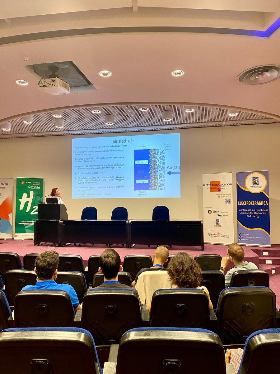 Hoy en el XVII congreso de Electrocerámica celebrado en Pamplona, la Dra Jadra Mosa ha impartido una charla titulada: Bifunctional Ceramic electrocatalyst based on Fe-N-C for long-life aqueous Zn-air battery.
<a href="/CSIC/">CSIC</a> <a href="/gob_na/">Gobierno de Navarra</a> <a href="/CENER_Energia/">CENER_Energía</a> <a href="/SocEspCeramVidr/">Sociedad Española de Cerámica y Vidrio (SECV)</a>
