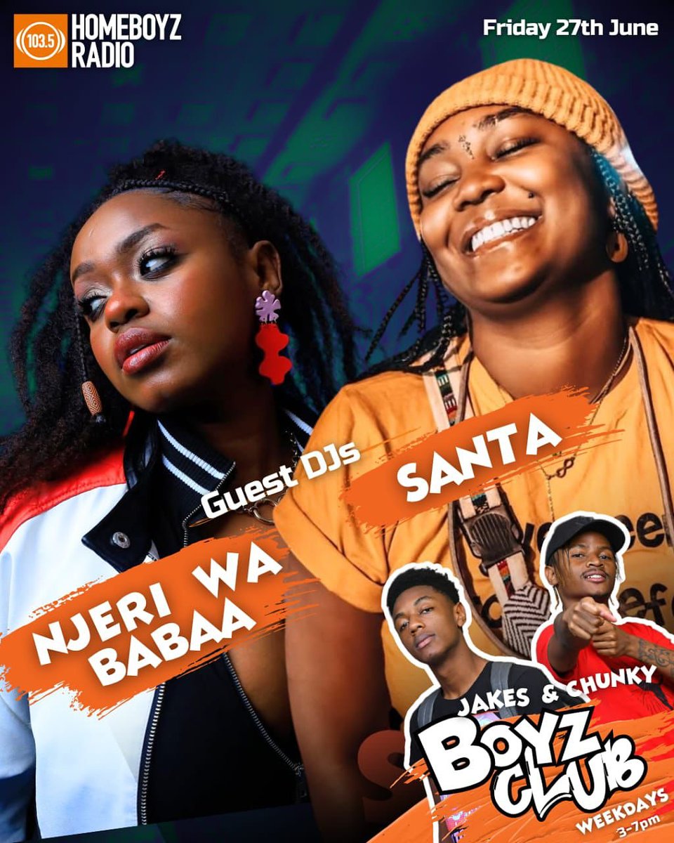 HomeboyzRadio's tweet photo. π₯ Friday just got a whole lot louder! π
Njeri wa Babaa & Santa bringing that guest DJ heat to the Boyz Club with Jakes & Chunky on Homeboyz Radio π§π₯
Lock in from 3-7 PM β energy? Certified π₯
#BoyzClub #HomeboyzRadio #GuestDJs #TurnUpFridays #1035vibes https://t.co/fiaE8rDoyc