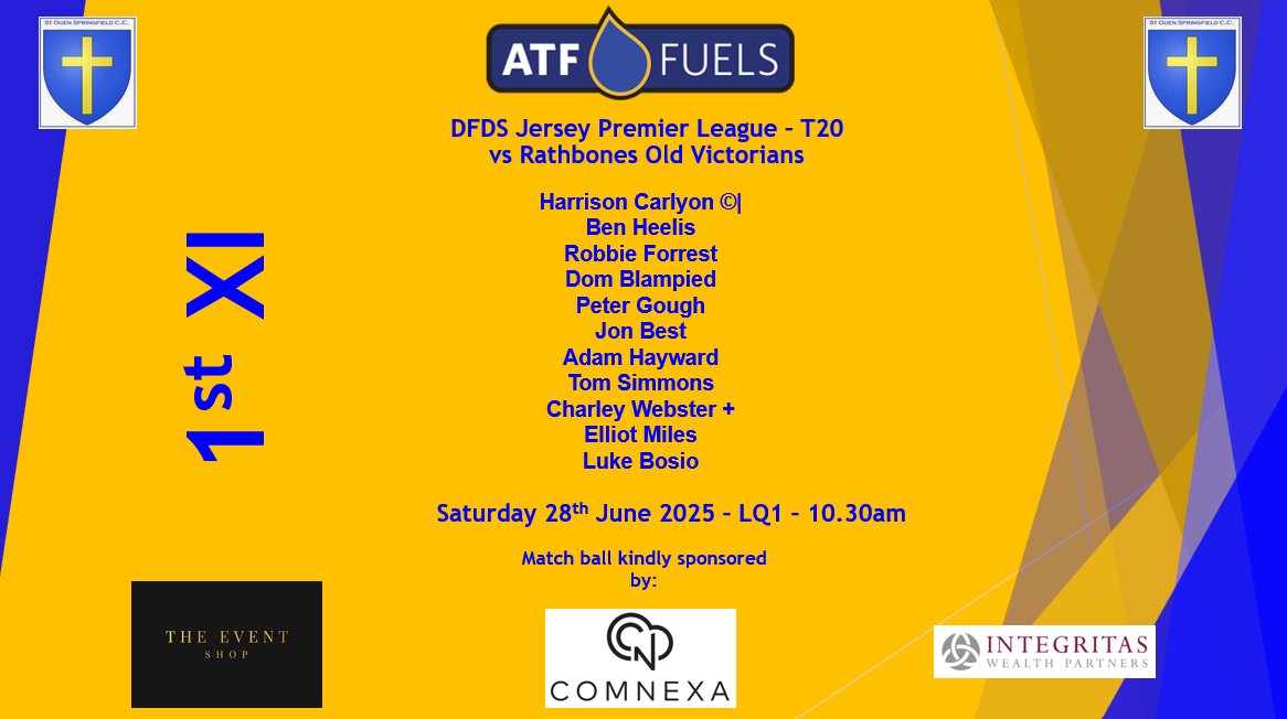 ATF St Ouen Springfield Cricket Club (@stouenspringcc) on Twitter photo Our 1sts welcome <a href="/ovcricket/">Old Victorians Cricket Club</a> to LQ1 tomorrow morning for a T20 match.
The side looks to recover from their DLS loss earlier in the week Our 1sts welcome <a href="/ovcricket/">Old Victorians Cricket Club</a> to LQ1 tomorrow morning for a T20 match.
The side looks to recover from their DLS loss earlier in the week