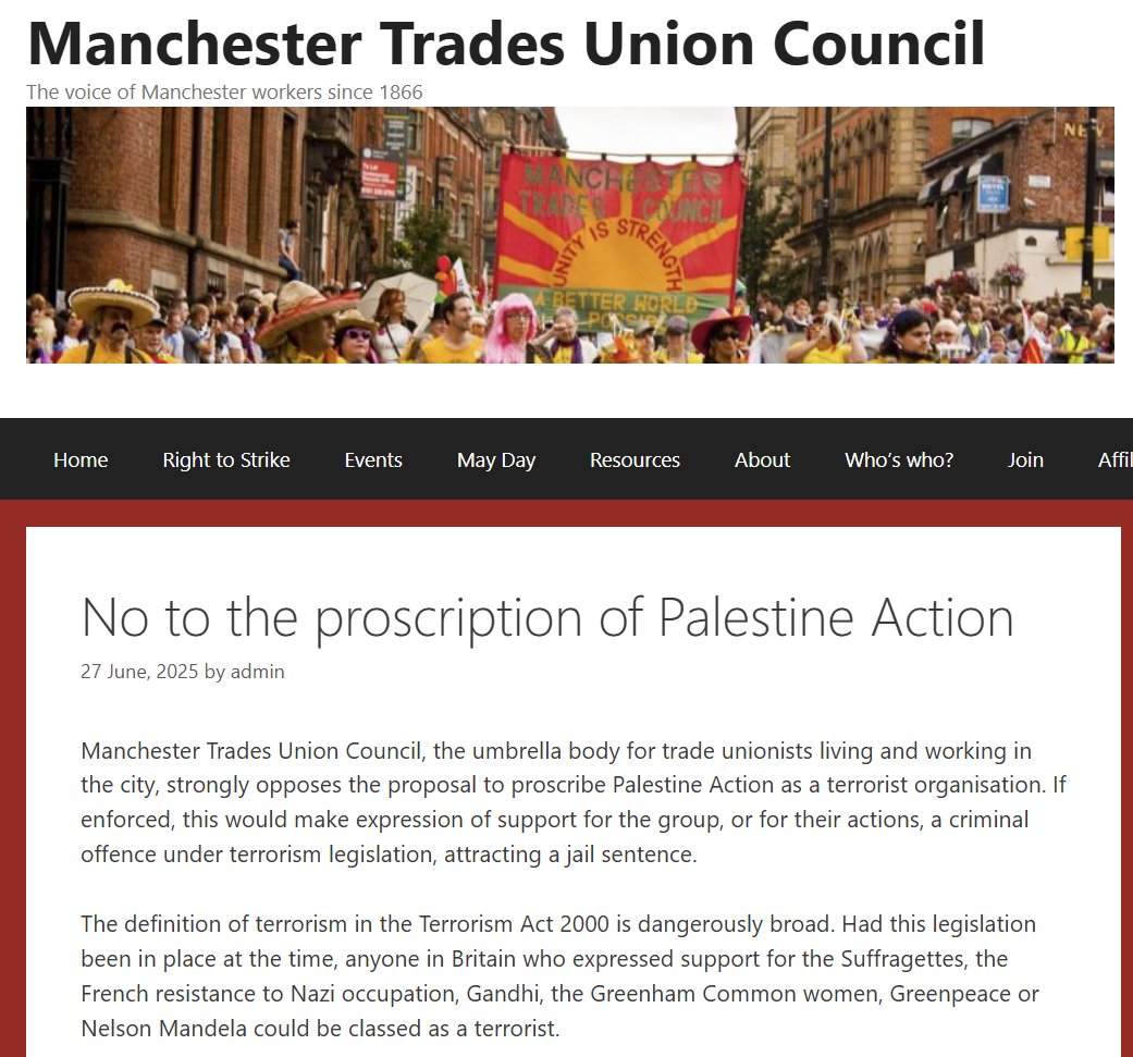 TUCManchester's tweet image. Manchester TUC has issued a statement opposing the proscription of Palestine Action. You can read it via manchestertuc.org.uk/2025/06/no-to-…
