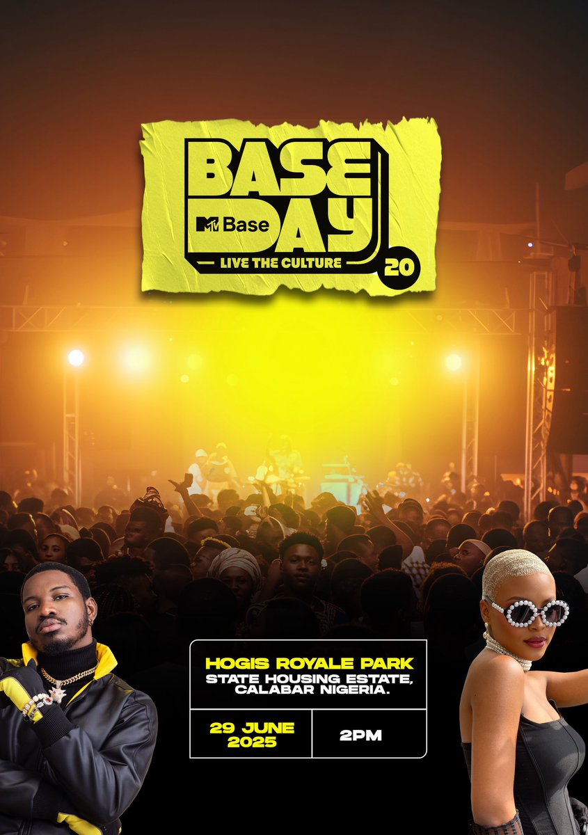 MTV Base is 20!

And as part of our celebrations, Base Day Calabar hits Calabar in style this June!
 Don’t miss out → June 29, 2PM, Hogis Royale Car Park
 Tickets → pluginent.com

#MTVBaseDay