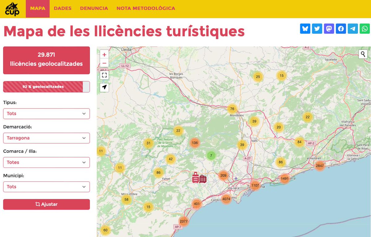 ‼️Al Camp el turisme ens està ofegant! 

Amb una ràpida ullada podem veure com la tursitificació arriba a tots els racons del nostre territori, especialment a la Costa Daurada. 

Ha arribat el moment de limitar el turisme massiu i reconvertir aquests habitatges per les veïnes!