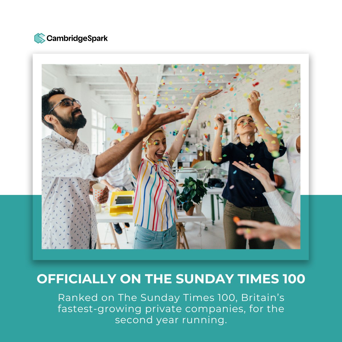 Cambridge Spark is officially on The Sunday Times 100, Britain’s fastest-growing private companies, for the second year in a row!

Here’s to continued growth, impact, and innovation.

#SundayTimes100 #CambridgeSpark