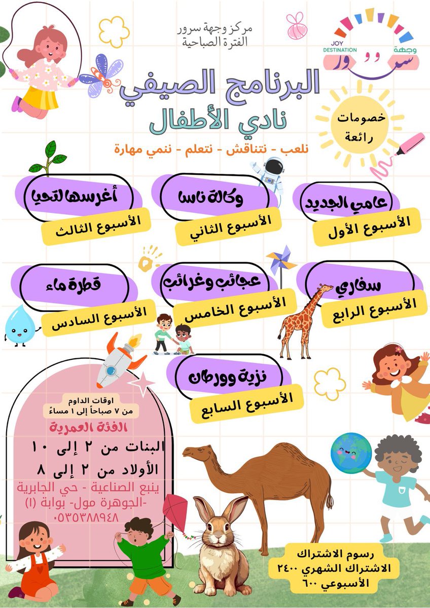 abdulrahmanYnb's tweet photo. تم الافتتاح 🎊

مركز وجهة سرور 

حضانة وضيافة للأطفال إلى سن 12 للبنات وسن 8 للأولاد من 6:30 صباحاً إلى 10 ليلاً 

💸خصم 20% لمنسوبي الهيئة الملكية بينبع 
💸خصم 15% لمتابعي أصدقاء ينبع 

للتواصل والاستفسارات (واتس اب) : 0535388948

📍#ينبع الصناعية - الجوهرة مول - بوابة 1

إعلان
