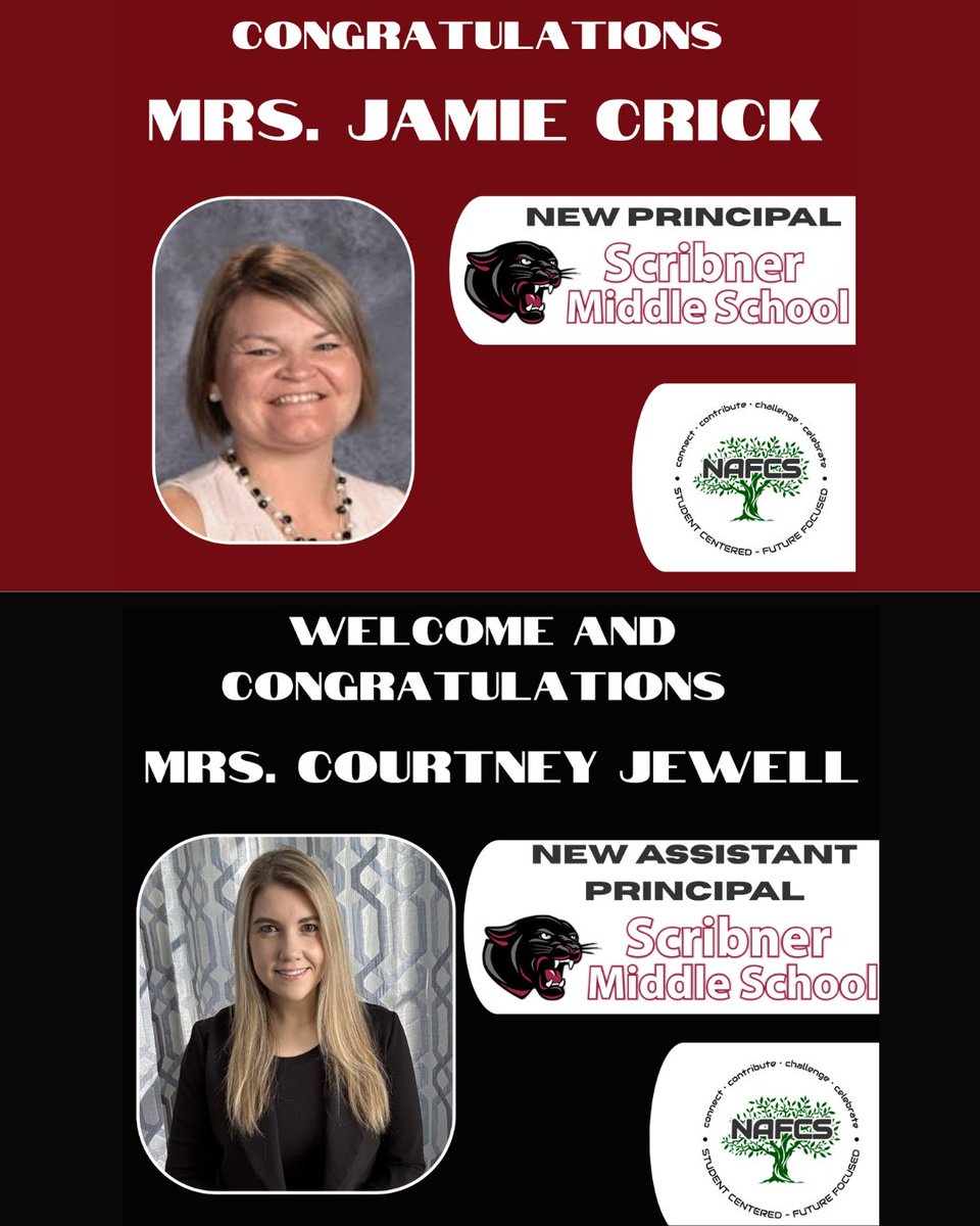 Yay! Mrs. Crick, who has served as AP at NAHS, will now lead Scribner MS as Principal. We’re also thrilled to welcome Mrs. Jewell to the NAFCS community. She will join Scribner as Assistant Principal, bringing valuable experience from the St. Louis area. Congrats! 

#NAFCSuccess