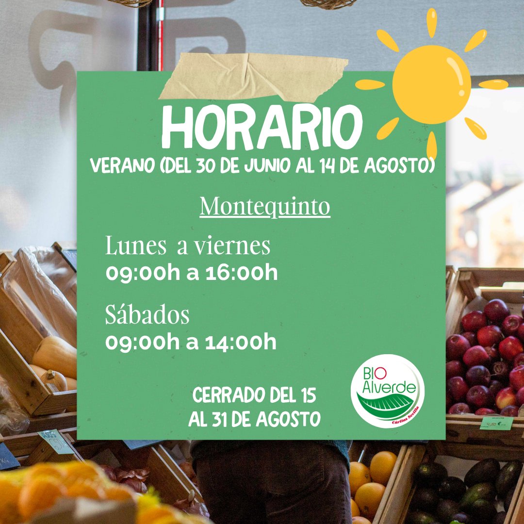 📣Estimada familia bioalverdiana.
A partir de la próxima semana adaptaremos nuestros horarios al verano.🌞

Consúltalos antes de visitarnos.

¡Feliz fin de semana!

#eco #Sevilla