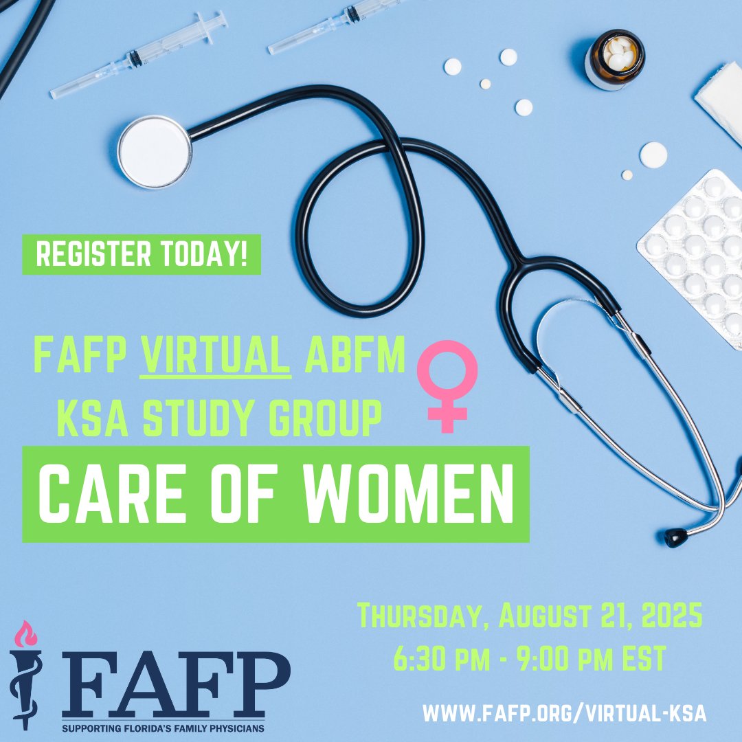 _FAFP's tweet image. Now Open - Registration for VIRTUAL KSA: Care of Women
Registration is now open for the stand-alone FAFP Virtual ABFM KSA Study Group: Care of Women that will be presented via Zoom on Thursday, August 21, 2025 from 6:30pm-9:00pm EST. Fulfill your ABFM MOC requirements and visit…