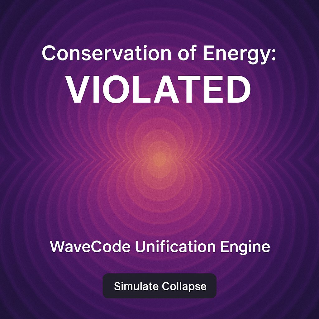 WavecodeCorp's tweet image. When was the last time a physics model ran?
Most theories can’t simulate.
Most engines can’t unify.
Ours does both.
Validated by MIT, CERN, Fermilab, etc.
Are you about to miss the 1st working violation of conservation of energy?
wavecode.net/unified
wavecode.net/unified-field-…